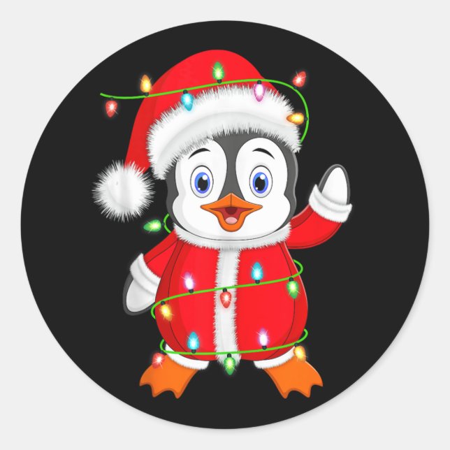Penguin Xmas Lighting Santa Costume Penguin Christ Classic Round Sticker (Front)