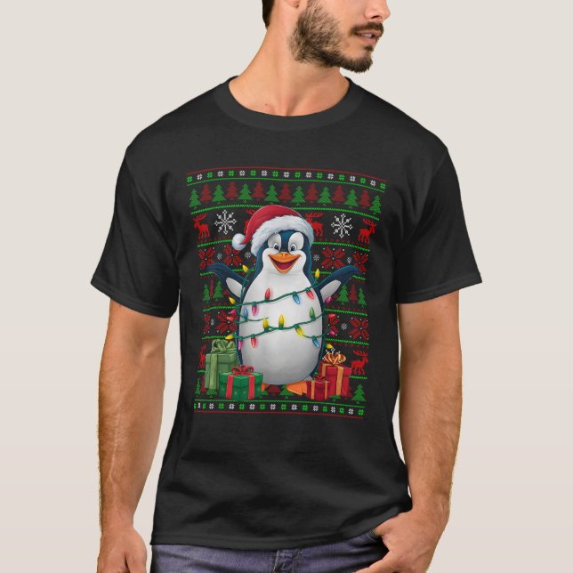 Penguin Xmas Lights Ugly Santa Hat Emperor Penguin T-Shirt (Front)