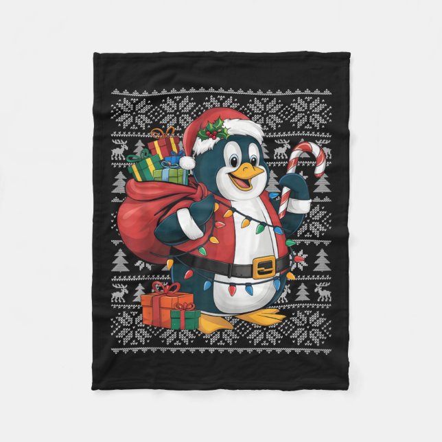 Penguin Xmas Sweater Style Ugly Santa Penguin Chri Fleece Blanket (Front)