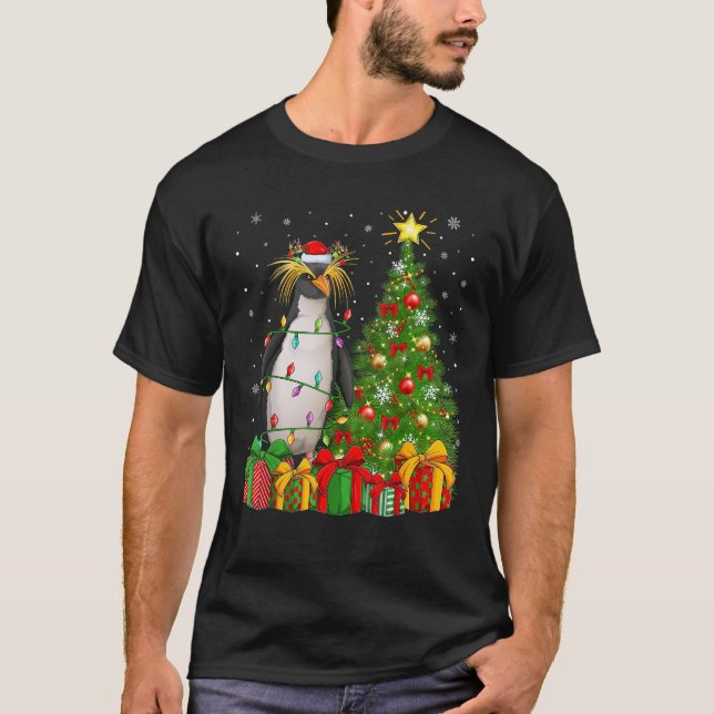 Penguin Xmas Tree Lights Santa Hat Emperor Penguin T-Shirt (Front)