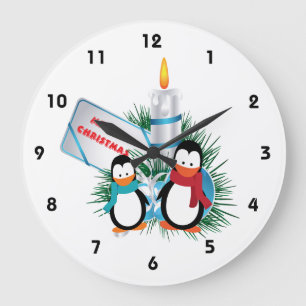 Penguins and candle Christmas custom Large Clock