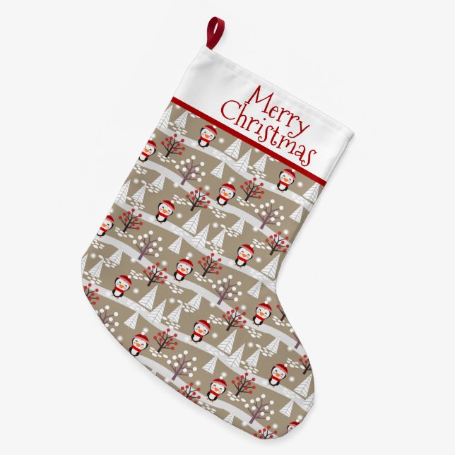 Penguins and Christmas Trees  Large Christmas Stocking (Front (Hanging))