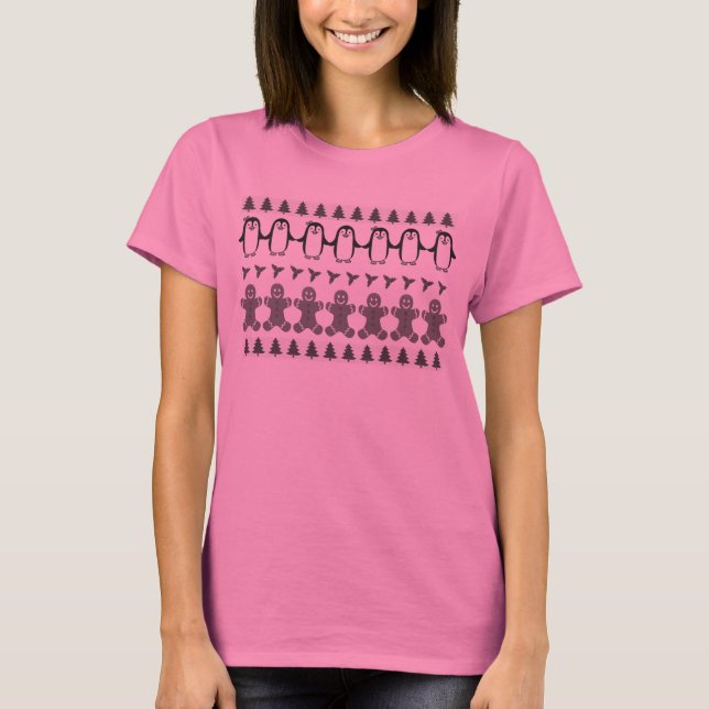 Penguins and Gingerbread Men Christmas Pattern T-Shirt (Front)