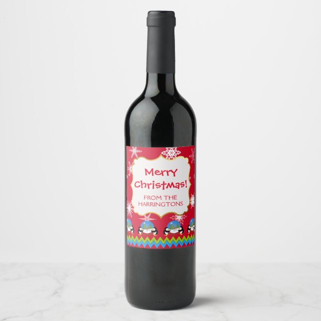Penguins and Snow Globes, Christmas Wine Labels (Front)