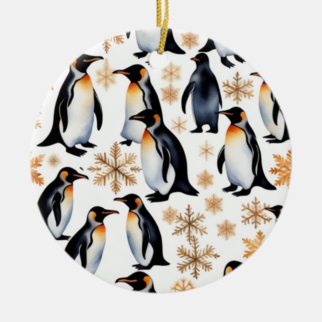 Penguins and Snowflakes Christmas and New Year Ceramic Tree Decoration (Front)