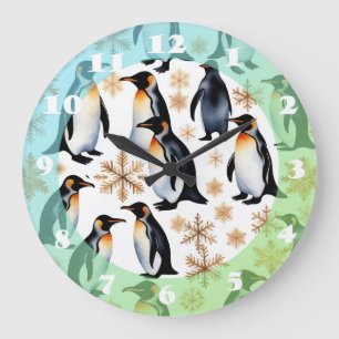 Penguins and Snowflakes Christmas and New Year Large Clock