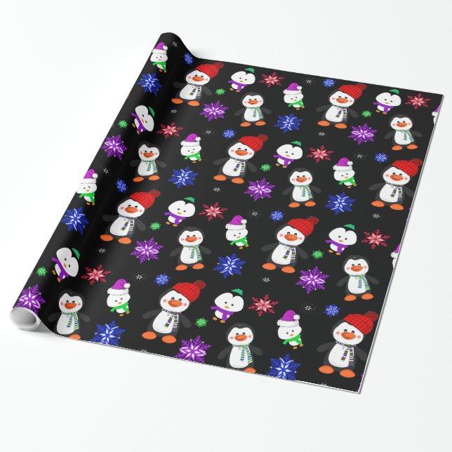 Penguins and Snowflakes Cute Christmas Wrapping Paper (Unrolled)
