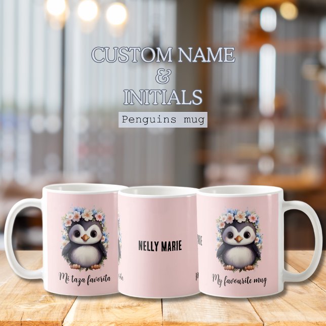 Penguins Bilingual Mi Taza Favorita Spanish Pink Coffee Mug (My favourite mug pink cute penguins, bilingual text, Spanish mi taza favorita. Multilingual project)
