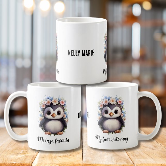 Penguins Bilingual Mi Taza Favorita Spanish White Coffee Mug (My favourite mug white cute penguins, bilingual text, Spanish mi taza favorita. Multilingual project)
