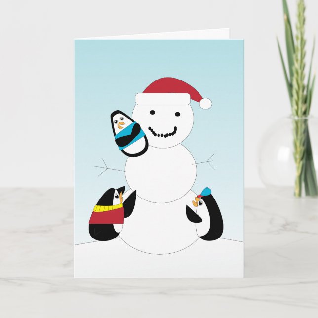 Penguins Building a Snowman Christmas Card (Front)
