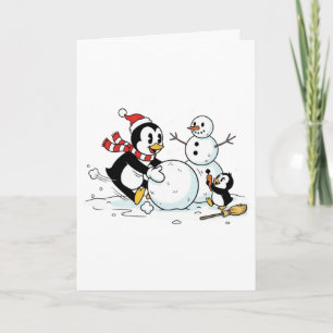 Penguins Building a Snowman Cute Winter Holiday Card