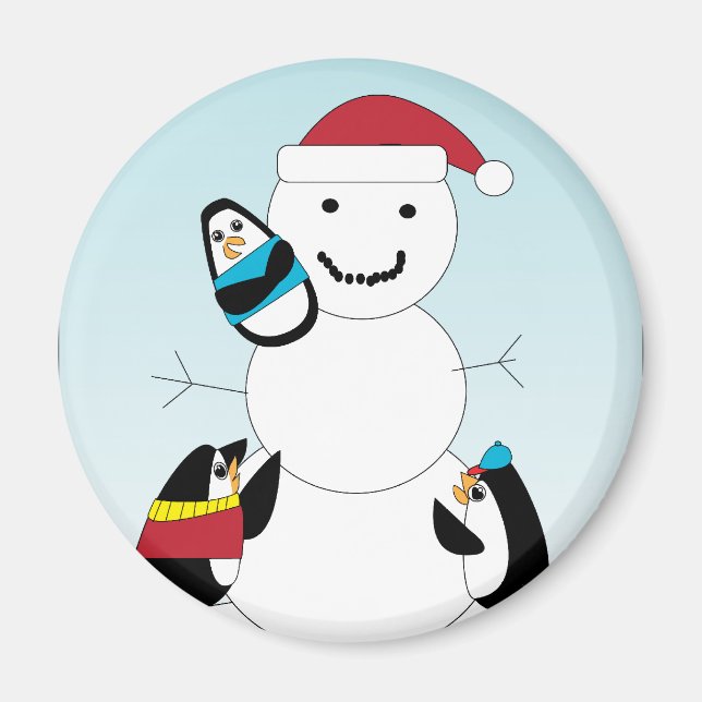 Penguins Building a Snowman in Winter Magnet (Front)