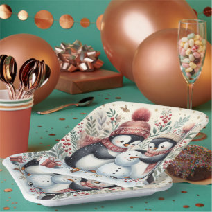 Penguins Building A Snowman Paper Plate