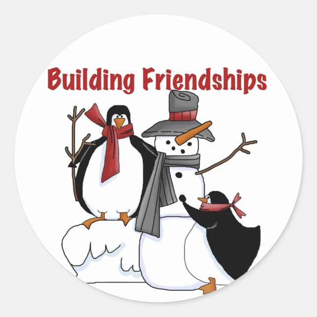 Penguins Building Friendship tshirts and Gifts Classic Round Sticker (Front)