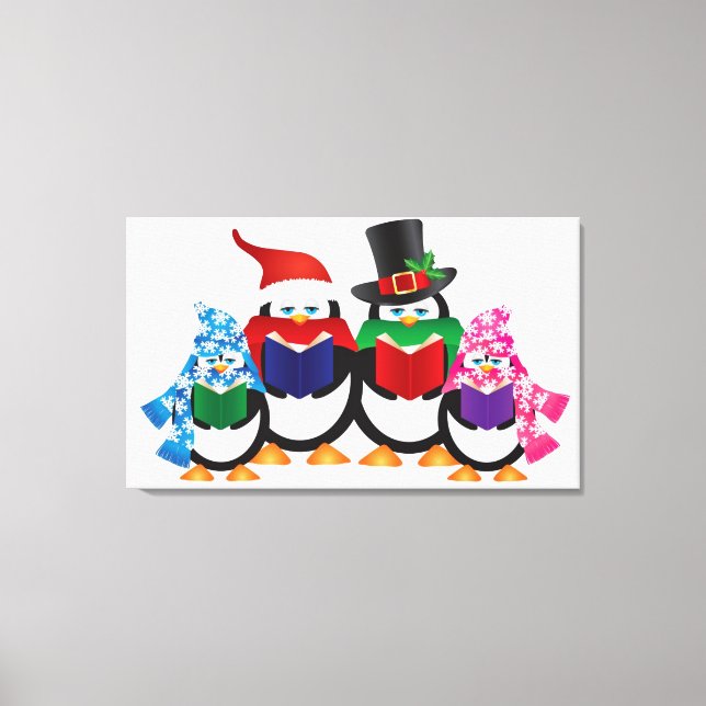 Penguins Christmas Carolers with Hats and Scarfs Canvas Print (Front)