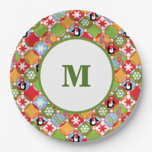 Penguins Christmas Monogram Paper Plate
