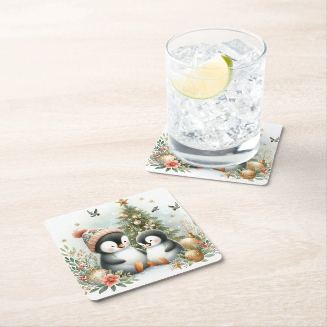 Penguins Christmas Square Paper Coaster (Insitu)
