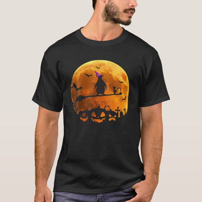 Penguins Costume Witch Riding Broom Moon Halloween T-Shirt (Front)