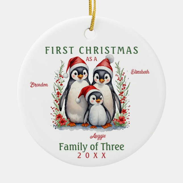 Penguins Family of Three First Christmas Ceramic Tree Decoration (Front)