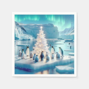 Penguins Gathered Around a Christmas Tree Napkin