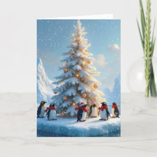 Penguins Gathering Around a Christmas Tree Holiday Card