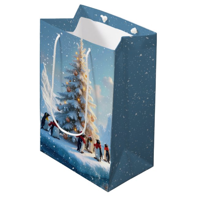 Penguins Gathering Around a Christmas Tree Medium Gift Bag (Front Angled)