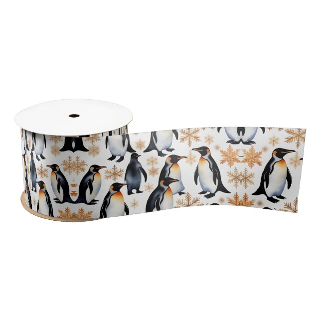 Penguins & Golden Stars Winter Holidays Art  Satin Ribbon (Spool)