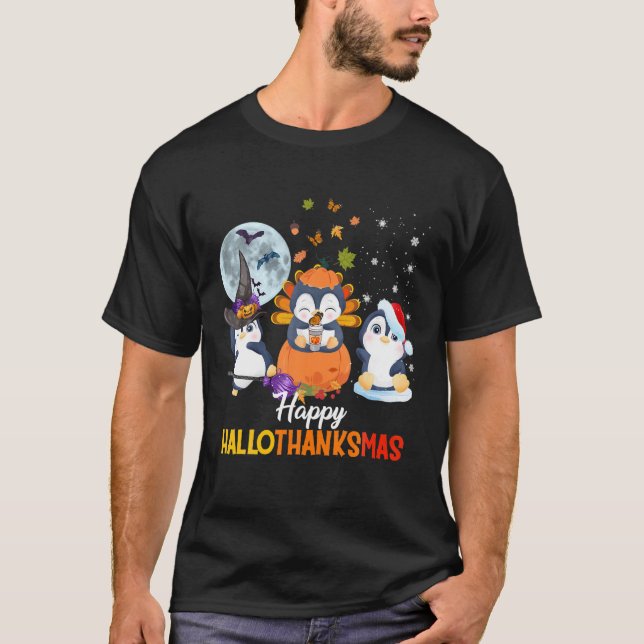 Penguins Halloween And Merry Christmas Happy Hallo T-Shirt (Front)