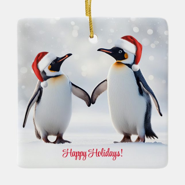 Penguins Happy Holidays Christmas Ceramic Ornament (Front)