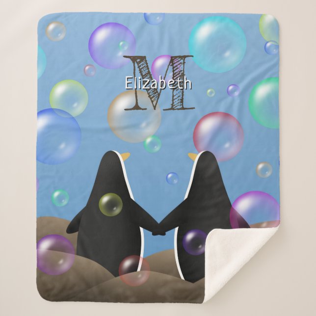 penguins holding flippers watching bubbles sherpa blanket (Front)