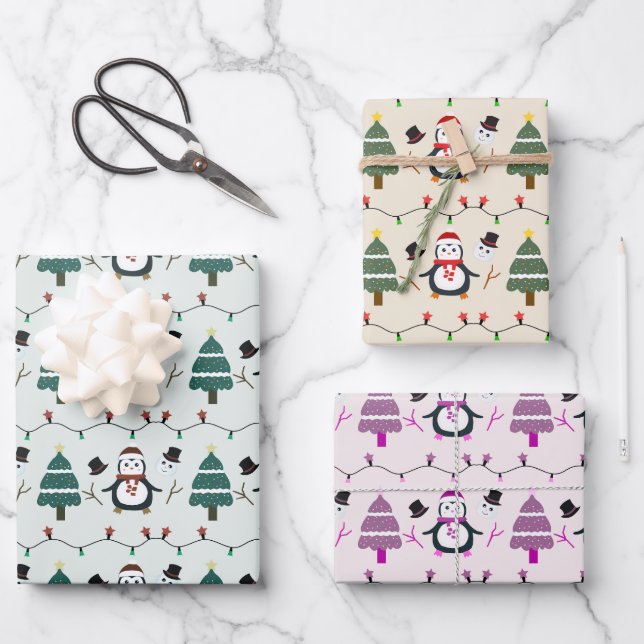Penguins Holiday Lights Christmas Trees Christmas Wrapping Paper Sheet (Front)