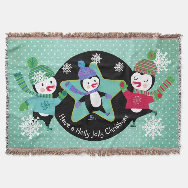 Penguins Holly Jolly Christmas Holiday Throw Blanket (Front)