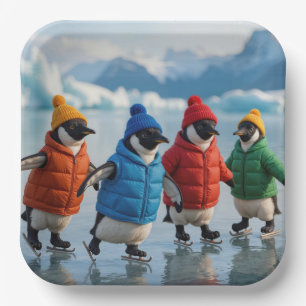 Penguins Ice Skating On an Arctic Lake Paper Plate
