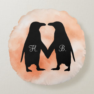 Penguins in love - add your initials round cushion