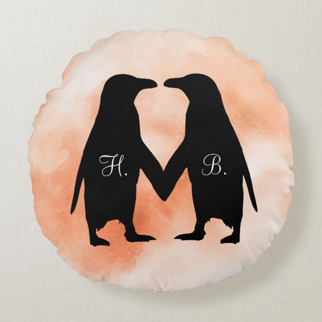 Penguins in love - add your initials round cushion (Front)