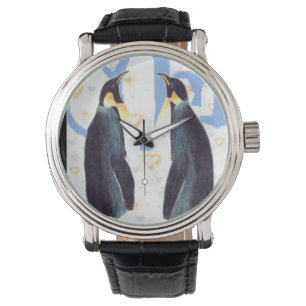 Penguins In Love Vintage Leather Strap Watch