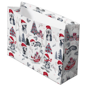 Penguins in Santa Hats Winter Scene Pattern Large  Gift Bag