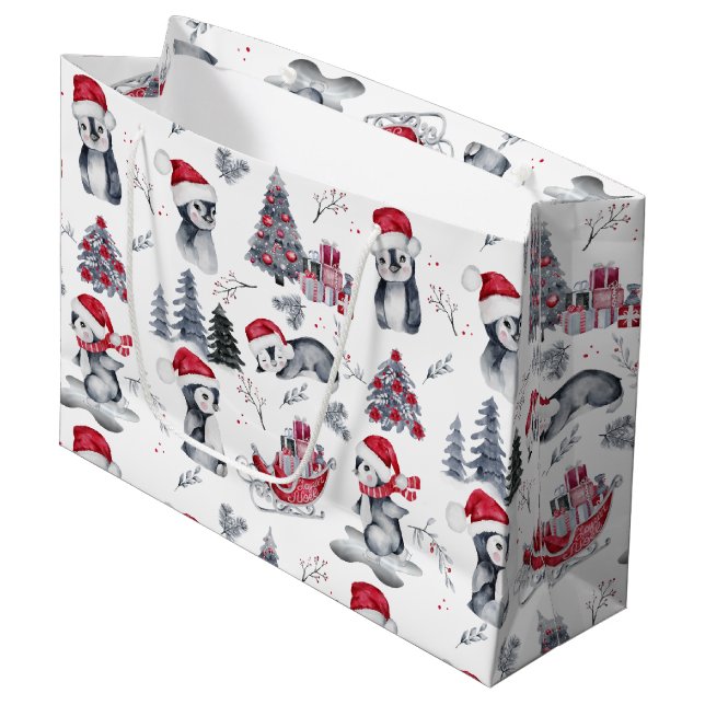 Penguins in Santa Hats Winter Scene Pattern Large  Large Gift Bag (Front Angled)
