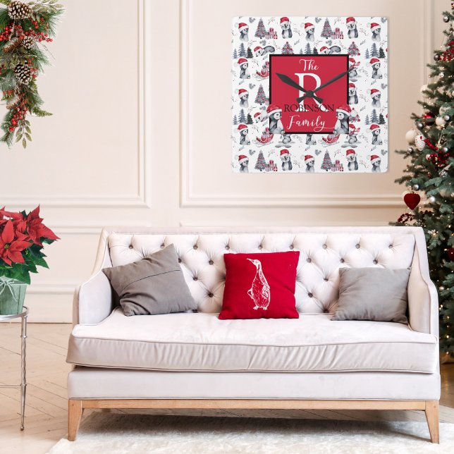 Penguins in Santa Hats Winter Scene Pattern Square Wall Clock (Creator Uploaded)