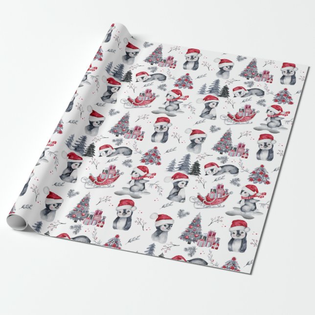 Penguins in Santa Hats Winter Scene Pattern  Wrapping Paper (Unrolled)