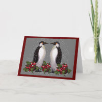 Penguins In Snow: Couple Christmas: Holly: Art