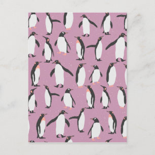 Penguins in the Snow on Purple Background Postcard