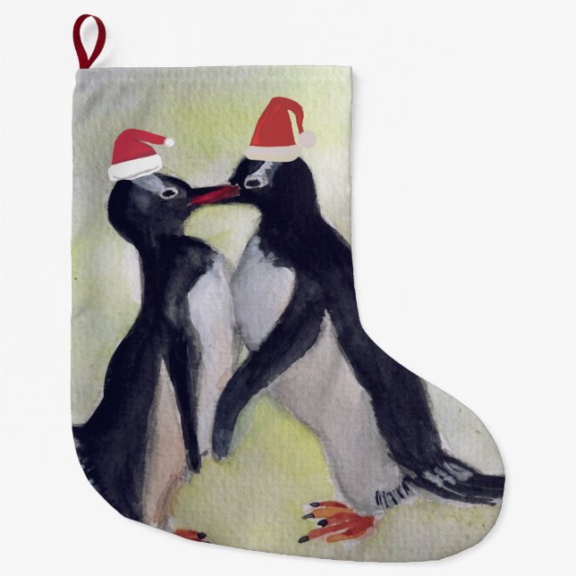 Penguins Kiss Large Christmas Stocking (Front)