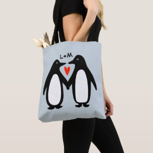 Penguins Love Cute Couple Personalised Initials To Tote Bag