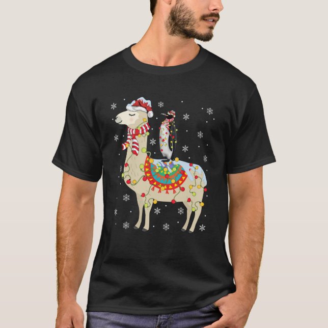 Penguins Lover Xmas Lighting Penguin Riding Llama  T-Shirt (Front)