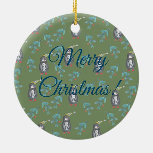 Penguins Merry Christmas Holidays Mood  Ceramic Tree Decoration (Back)