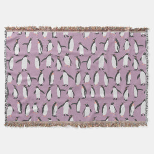 Penguins on Purple Background Pattern Throw Blanket