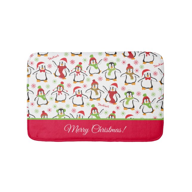 Penguins Red and Green Pattern Merry Christmas Bath Mat (Front)
