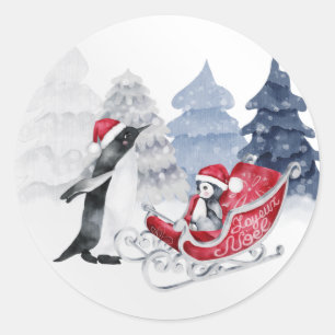 Penguins Red Sleigh Watercolor Christmas Classic Round Sticker