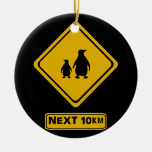 penguins road signs ceramic tree decoration